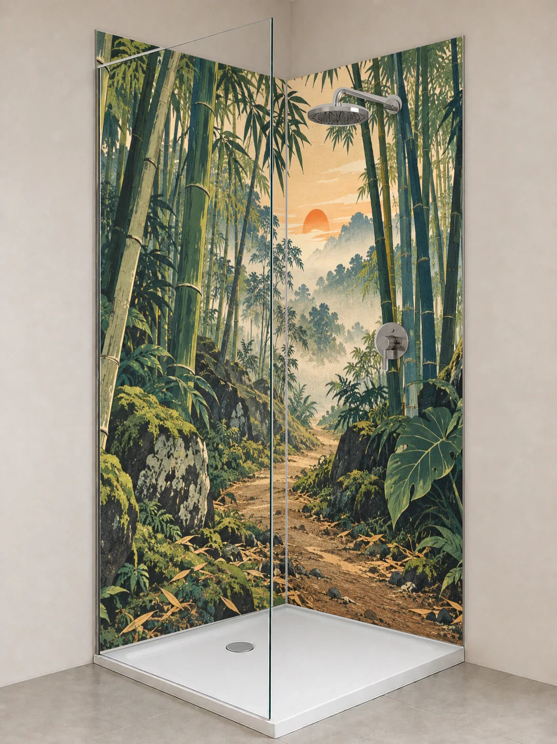 Duschrückwand „Bambuspfad im Tropenwald – Ukiyo-e“ als installierte Rückwand in einer hellen Dusche