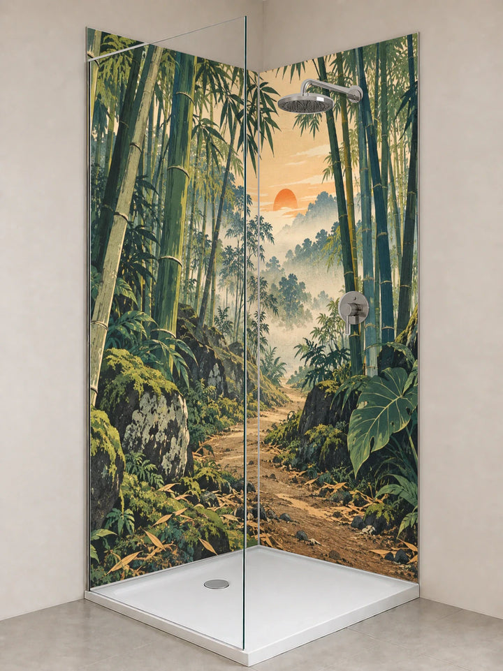 Duschrückwand „Bambuspfad im Tropenwald – Ukiyo-e“ als installierte Rückwand in einer hellen Dusche