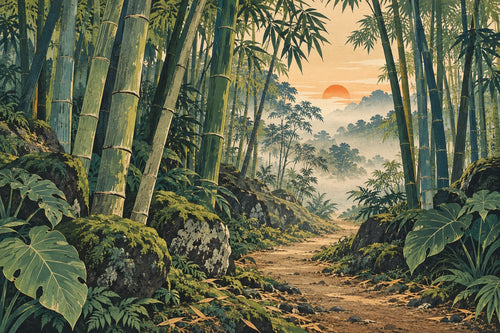 Motivvorschau „Bambuspfad im Tropenwald – Ukiyo-e“ für Duschrückwand