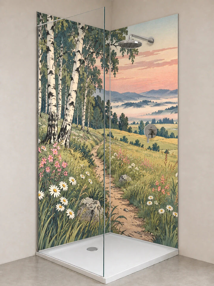 Duschrückwand „Wiesenpfad am Waldrand – Ukiyo-e“ als installierte Rückwand in einer hellen Dusche