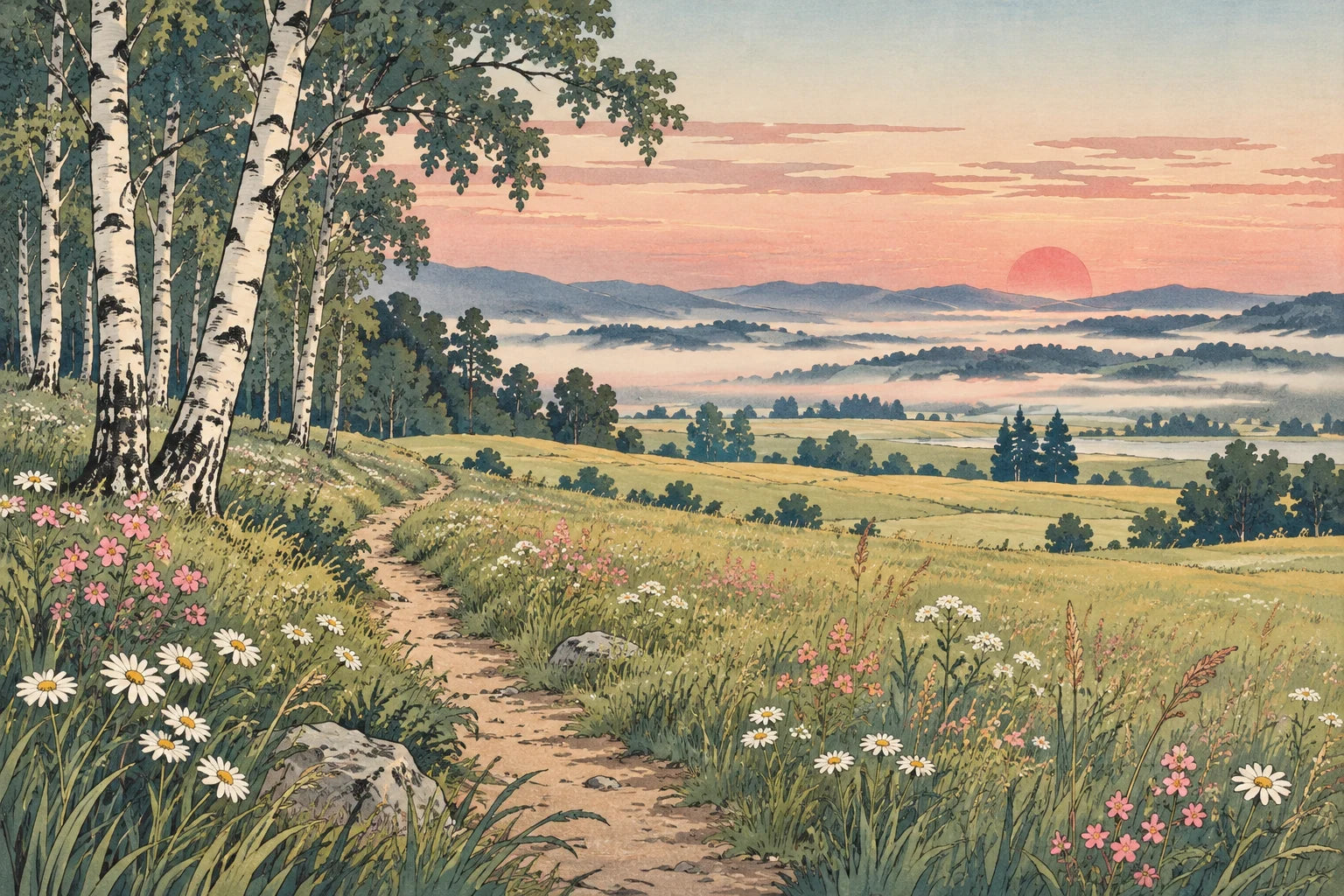 Motivvorschau „Wiesenpfad am Waldrand – Ukiyo-e“ für Duschrückwand