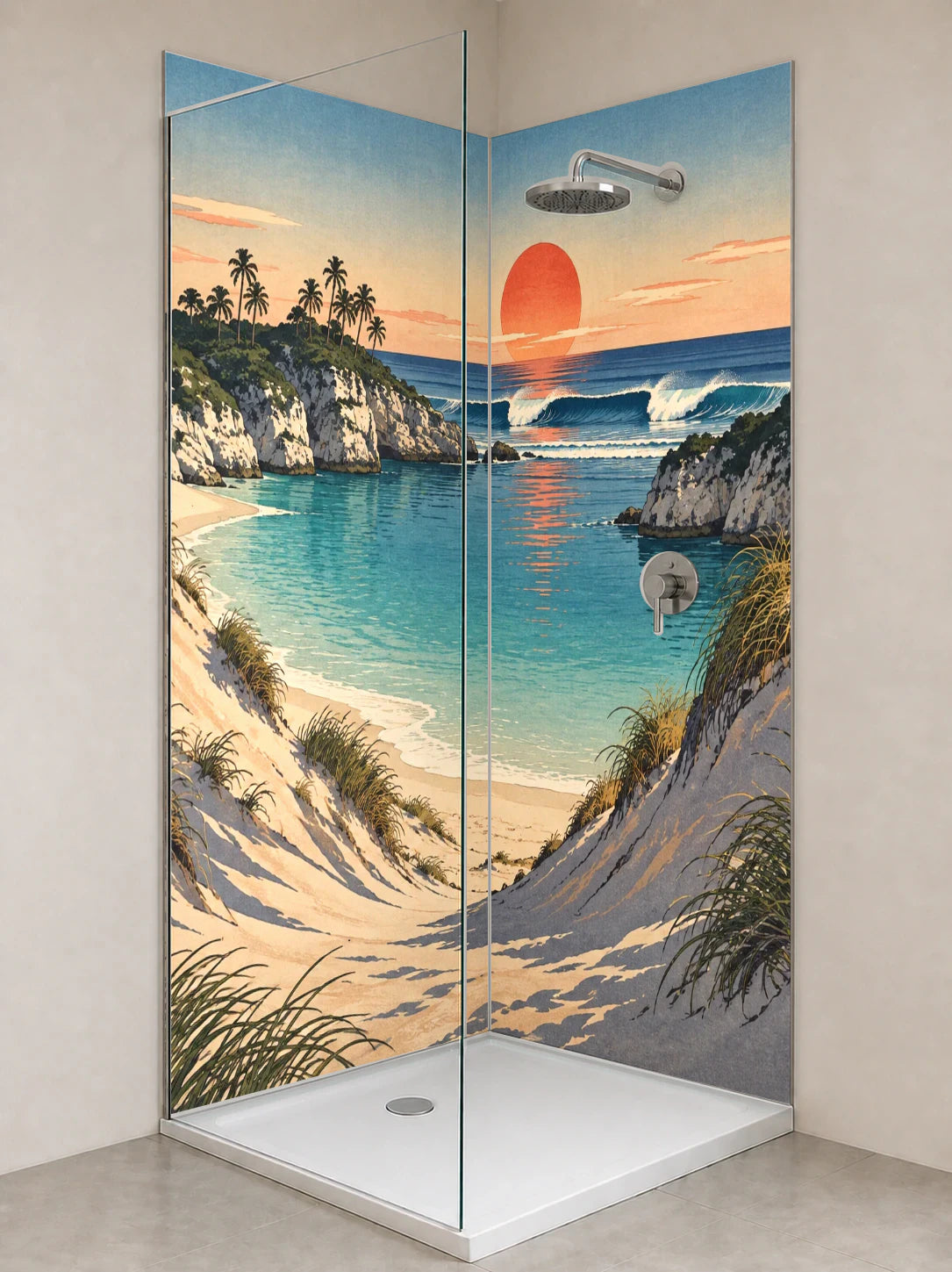 Duschrückwand „Dünental an der Lagune – Ukiyo-e“ als installierte Rückwand in einer hellen Dusche
