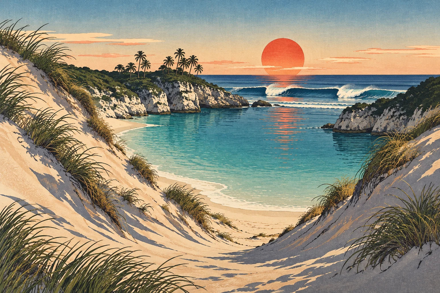 Motivvorschau „Dünental an der Lagune – Ukiyo-e“ für Duschrückwand