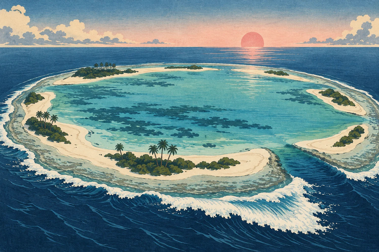 Motivvorschau „Korallenatoll im Morgenlicht – Ukiyo-e“ für Duschrückwand