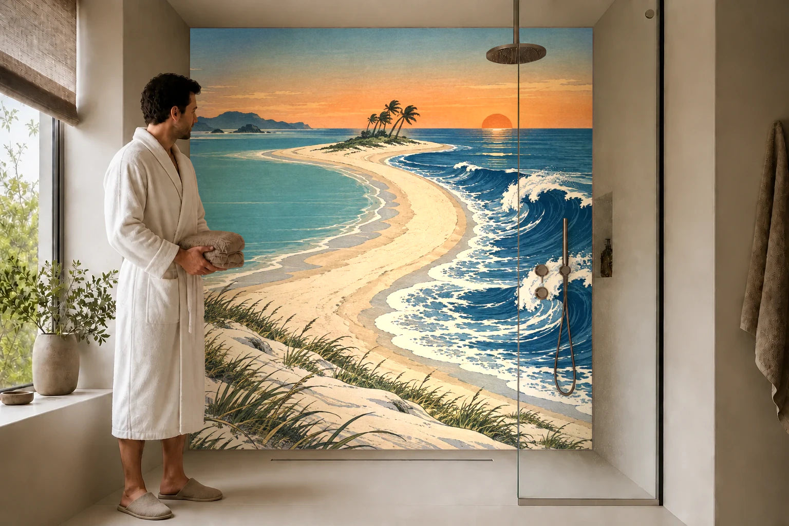 Duschrückwand „Sandhaken zwischen Brandung und Lagune – Ukiyo-e“ in einer Dusche mit einem Mann im Bademantel