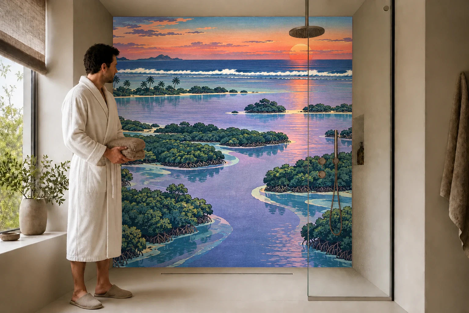 Duschrückwand „Mangrovenmündung zur Lagune – Ukiyo-e“ in einer Dusche mit einem Mann im Bademantel
