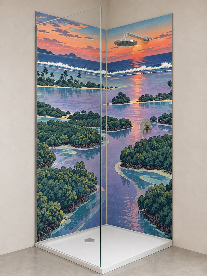 Duschrückwand „Mangrovenmündung zur Lagune – Ukiyo-e“ als installierte Rückwand in einer hellen Dusche