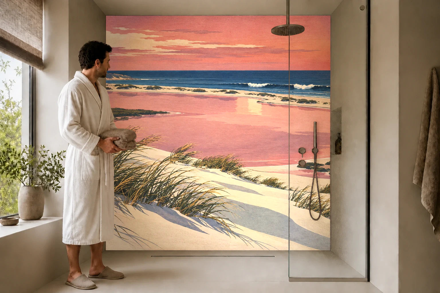 Duschrückwand „Dünengras über rosiger Lagune – Ukiyo-e“ in einer Dusche mit einem Mann im Bademantel