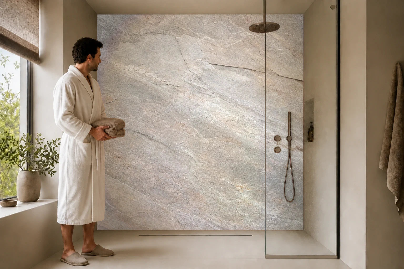Duschrückwand „Pastellschiefer in Schichten“ in einer Dusche mit einem Mann im Bademantel