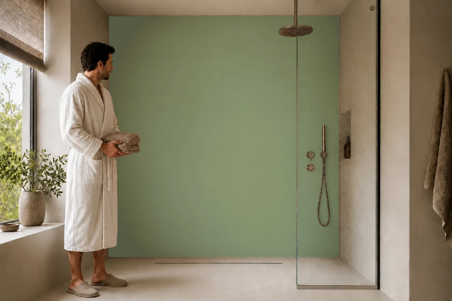 Duschrückwand „RAL 6013 Schilfgrün Still“ in einer Dusche mit einem Mann im Bademantel