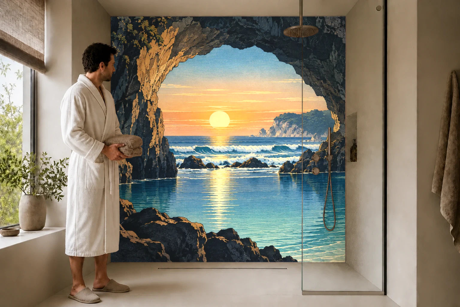Duschrückwand „Felsenfenster zur Lagune – Ukiyo-e“ in einer Dusche mit einem Mann im Bademantel