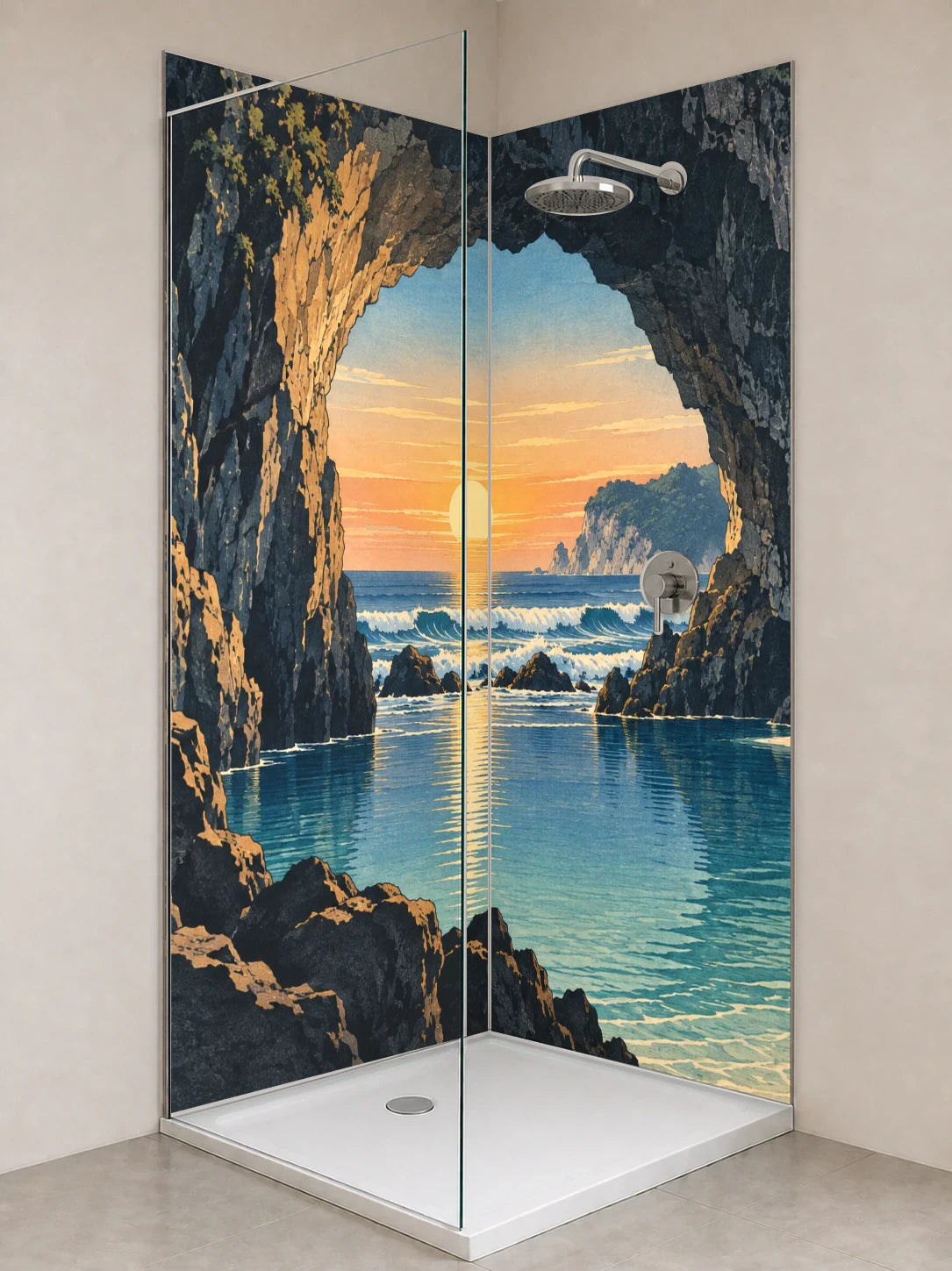 Duschrückwand „Felsenfenster zur Lagune – Ukiyo-e“ als installierte Rückwand in einer hellen Dusche