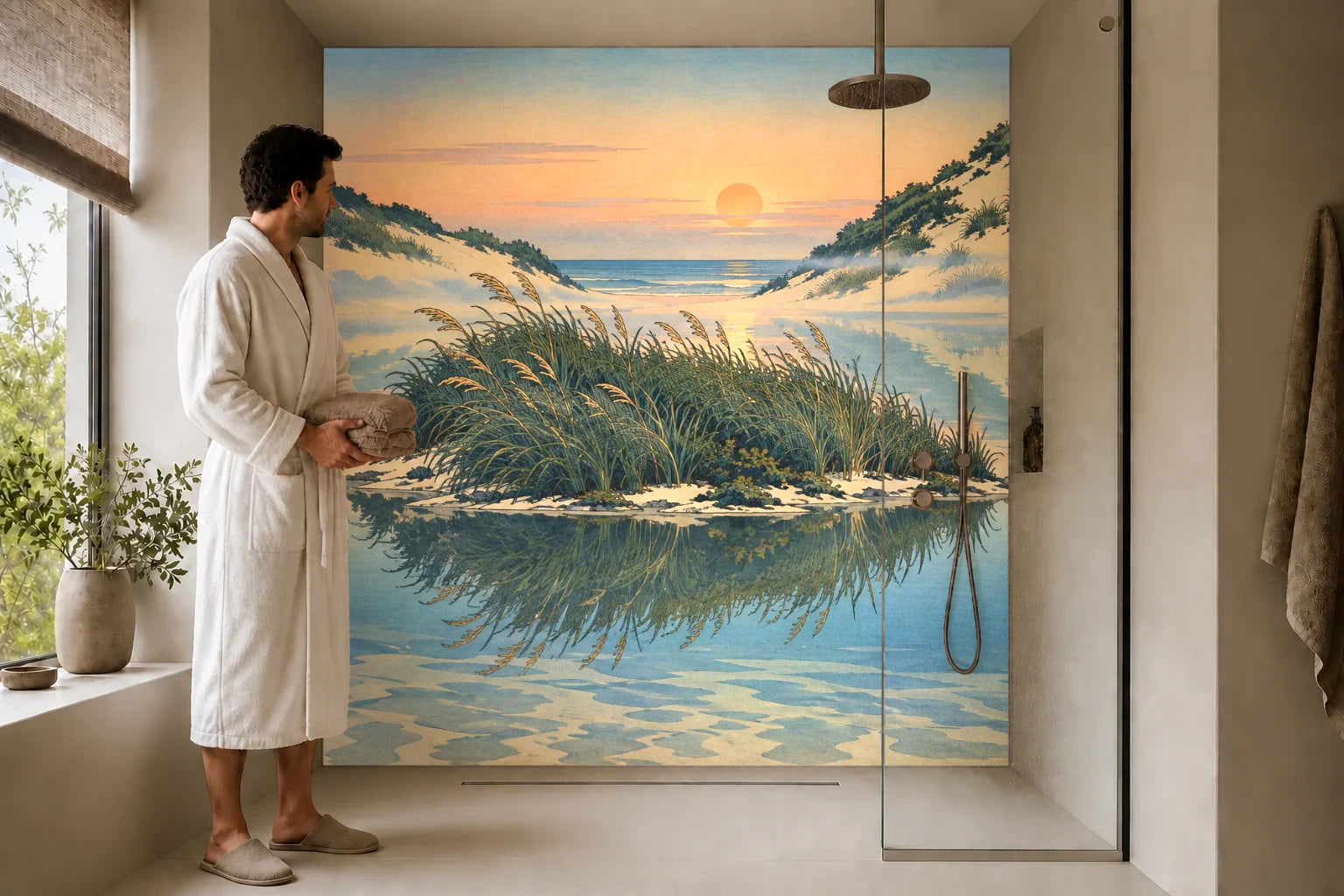 Duschrückwand „Grasinsel in der Dünenlagune – Ukiyo-e“ in einer Dusche mit einem Mann im Bademantel