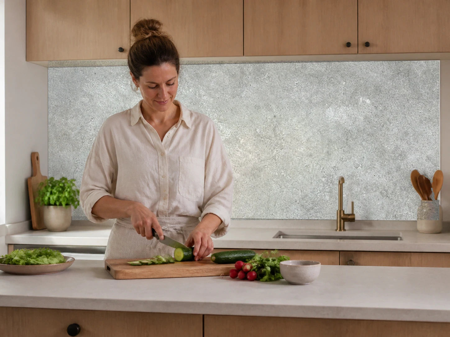 Küchenrückwand „Zementgrau mit Zeitspur“ beim Zubereiten von Gemüse in einer Küche