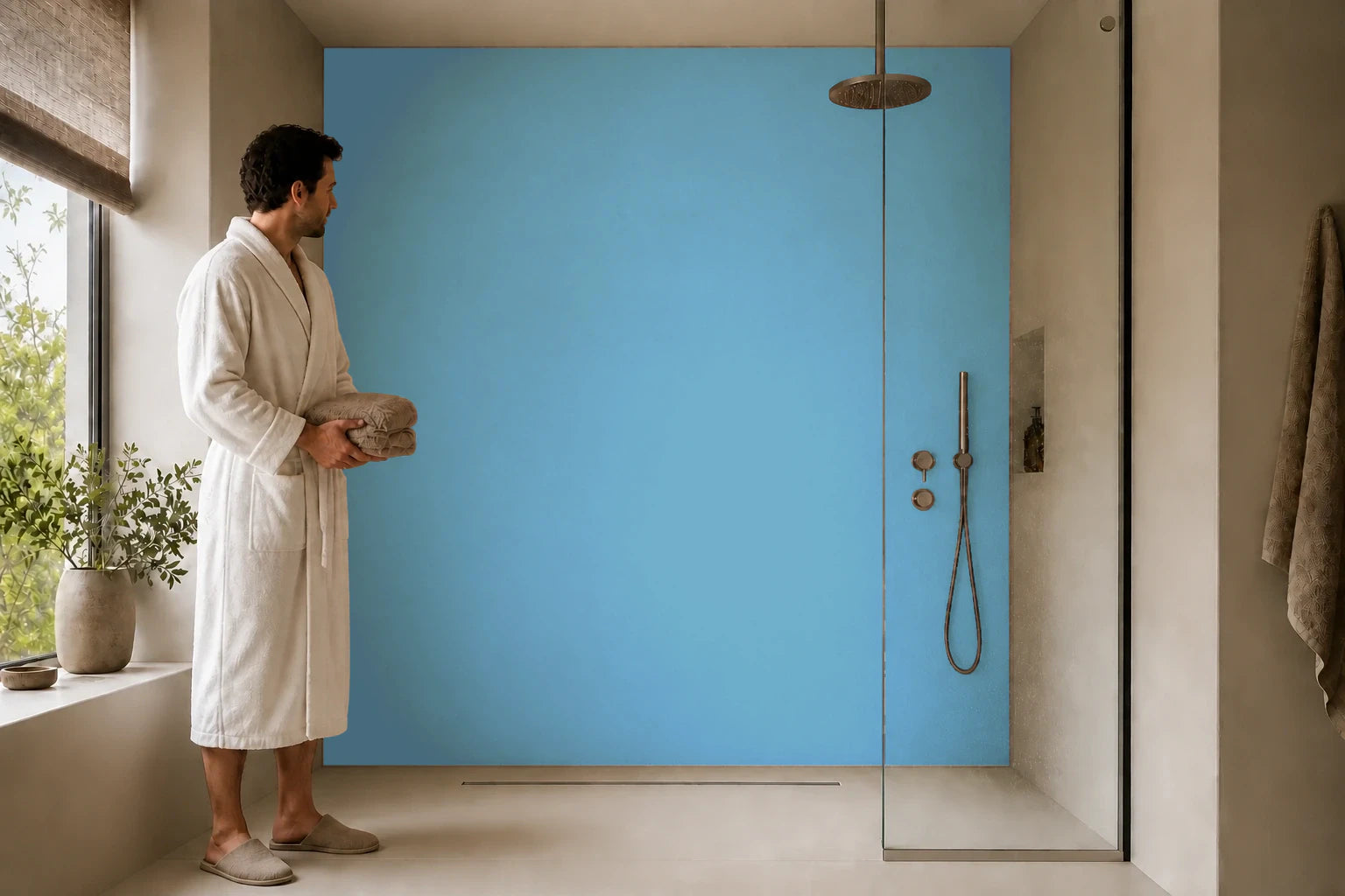 Duschrückwand „RAL 5024 Pastellblau Weite“ in einer Dusche mit einem Mann im Bademantel
