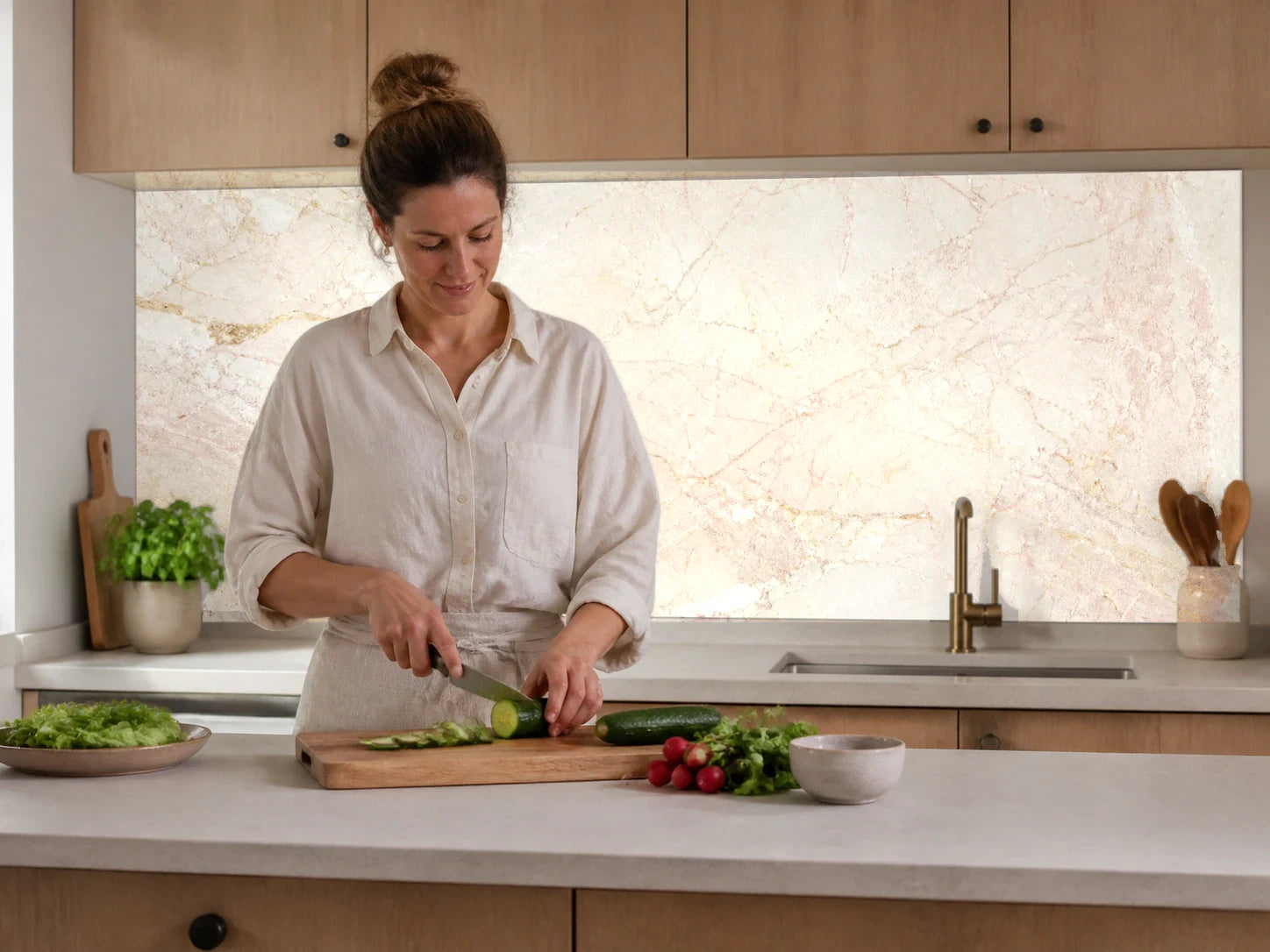 Küchenrückwand „Beigemarmor mit Goldhauch“ beim Zubereiten von Gemüse in einer Küche