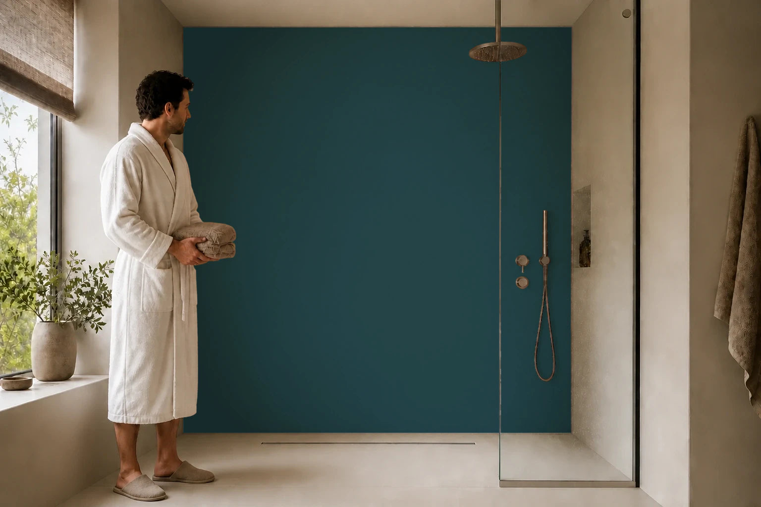 Duschrückwand „RAL 5001 Grünblau Tiefe“ in einer Dusche mit einem Mann im Bademantel