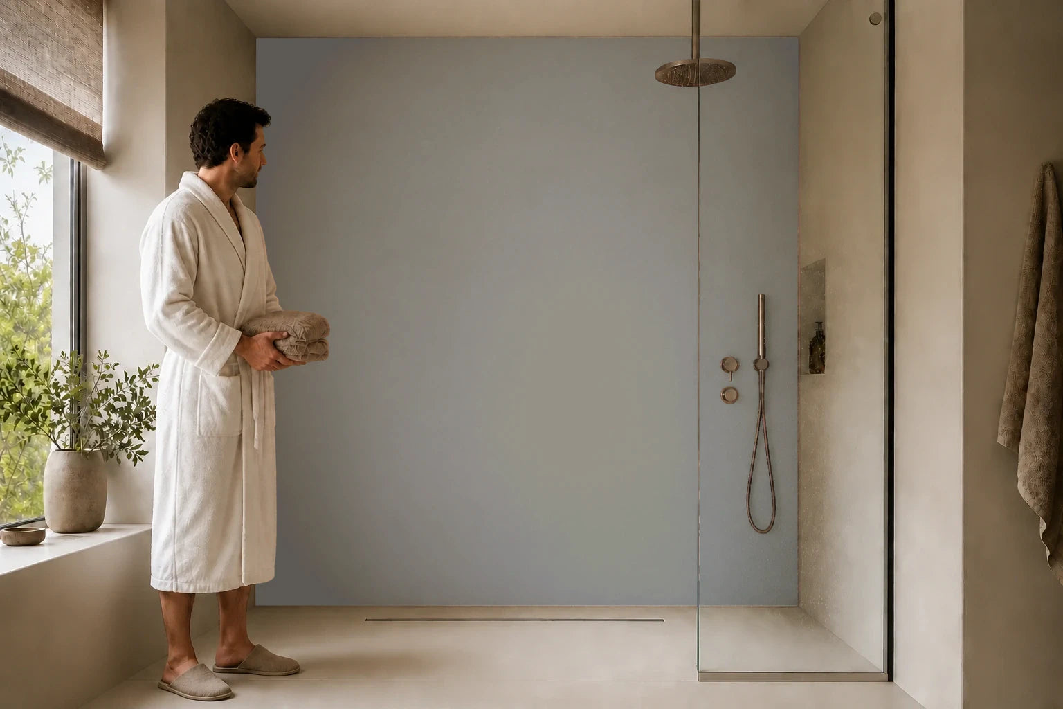 Duschrückwand „RAL 7048 Gedämpftes Grau Pur“ in einer Dusche mit einem Mann im Bademantel