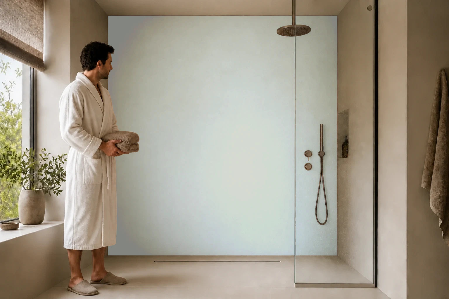 Duschrückwand „RAL 7038 Neutrales Achatgrau“ in einer Dusche mit einem Mann im Bademantel