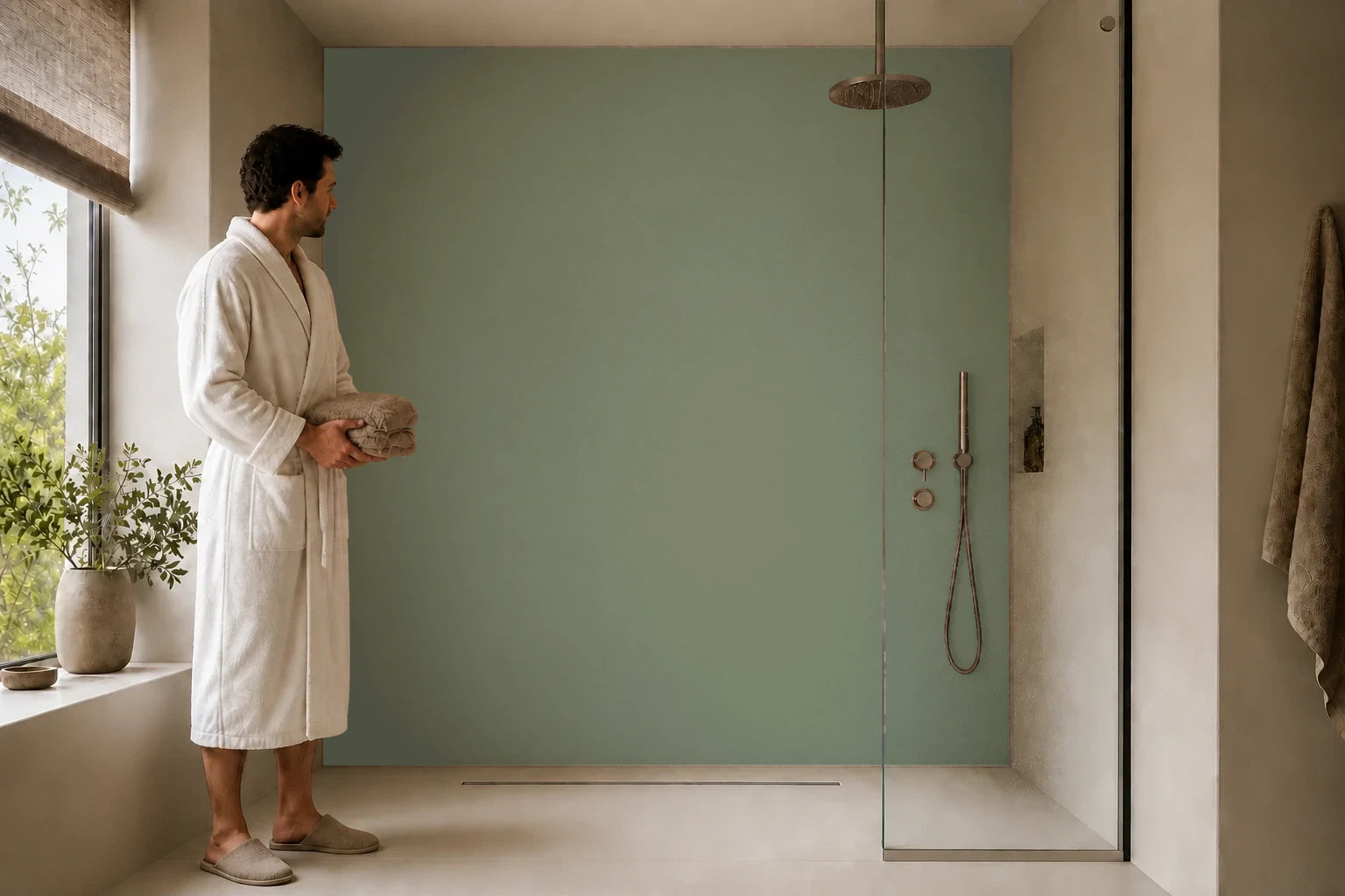 Duschrückwand „RAL 7005 Gedämpftes Mausgrau“ in einer Dusche mit einem Mann im Bademantel