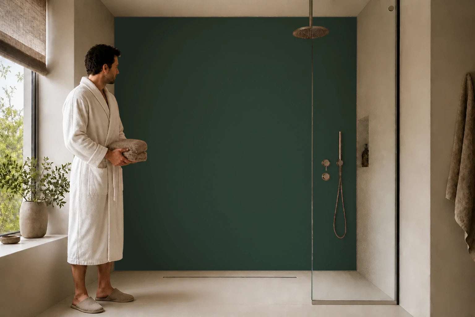 Duschrückwand „RAL 6009 Tiefes Tannengrün“ in einer Dusche mit einem Mann im Bademantel