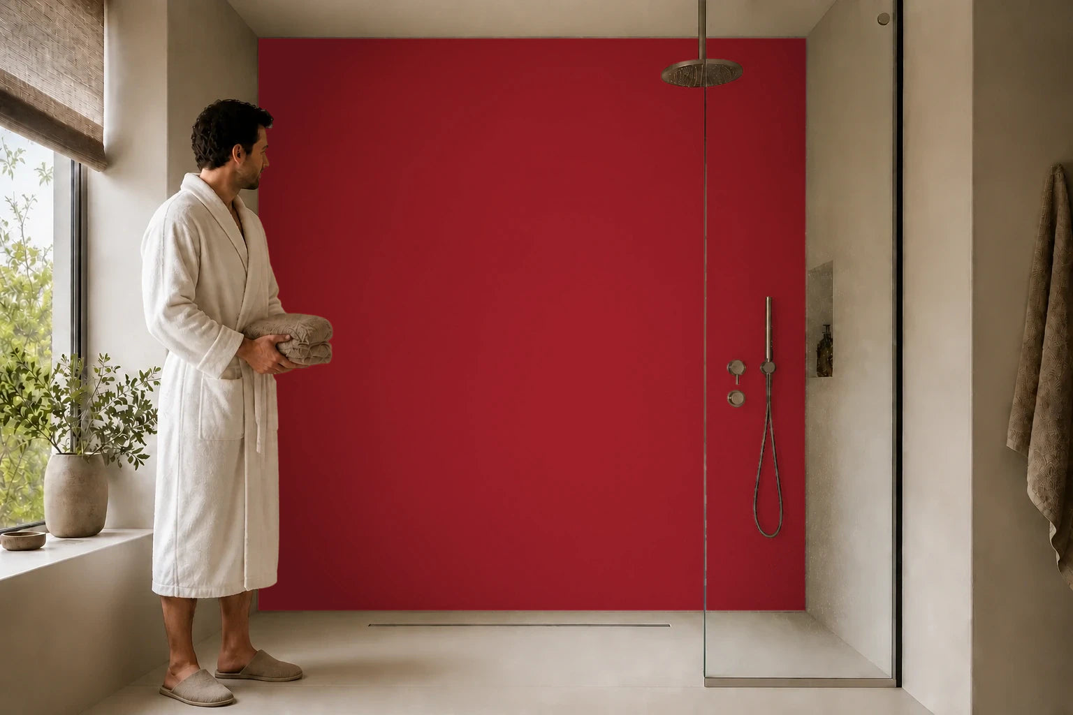 Duschrückwand „RAL 3003 Tiefes Rubinrot“ in einer Dusche mit einem Mann im Bademantel