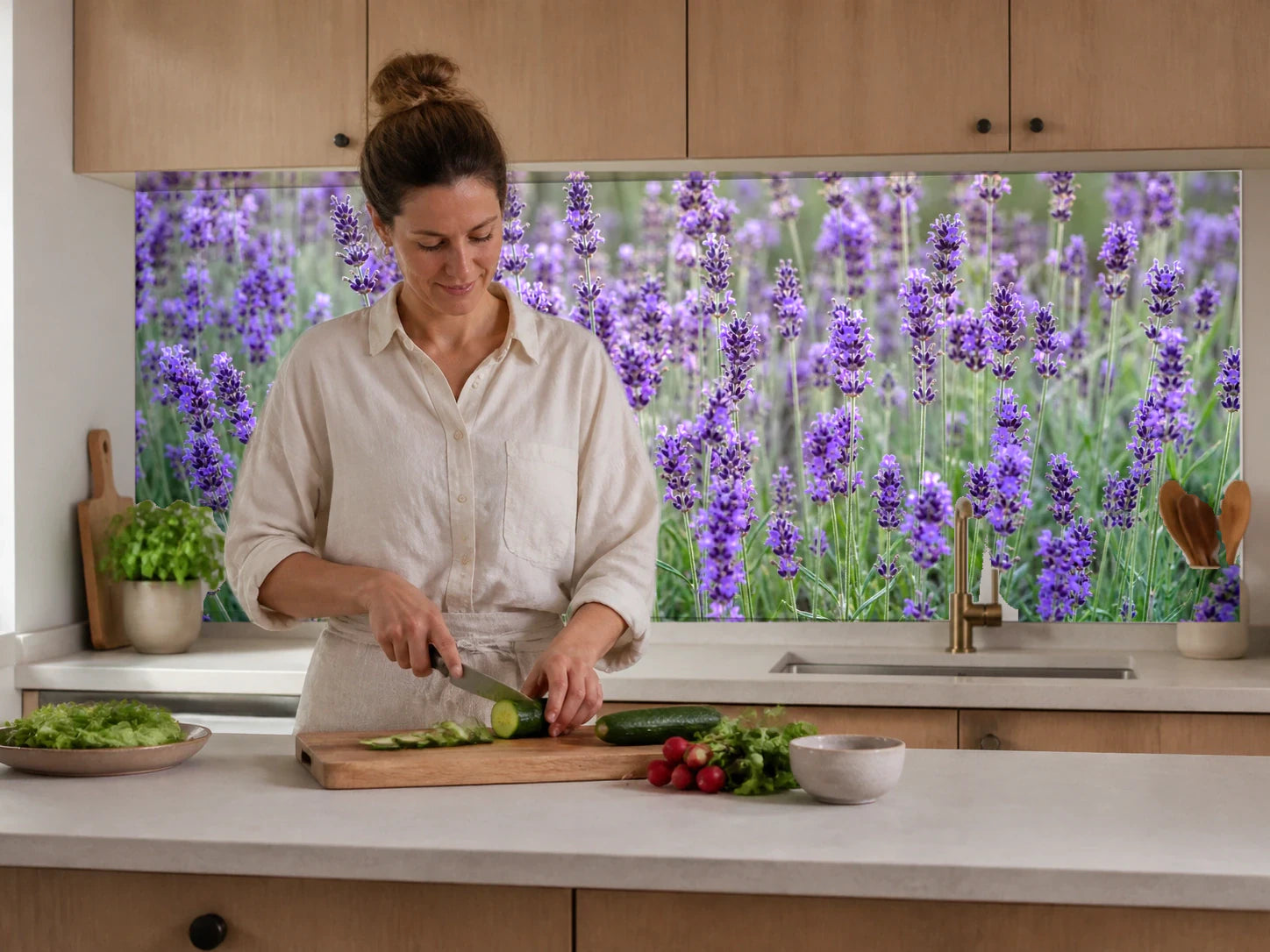 Küchenrückwand „Lavendel im sanften Dunst“ beim Zubereiten von Gemüse in einer Küche