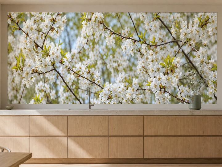 Küchenrückwand „Kirschblüten im Frühlingshauch“ als installierte Rückwand in einer warmen Küche