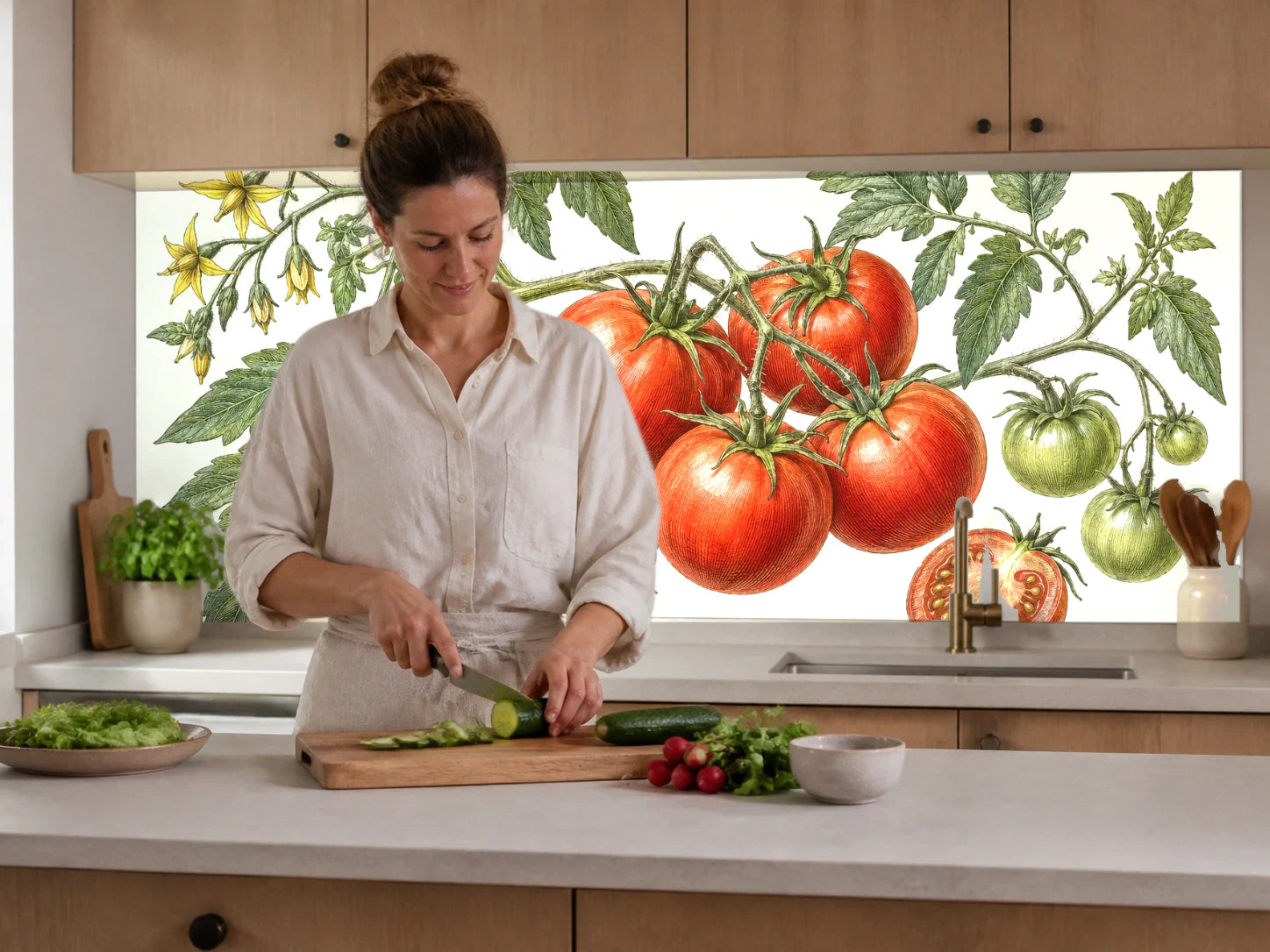 Küchenrückwand „Tomatenrispe mit Blüten – Botanischer Stich“ beim Zubereiten von Gemüse in einer Küche