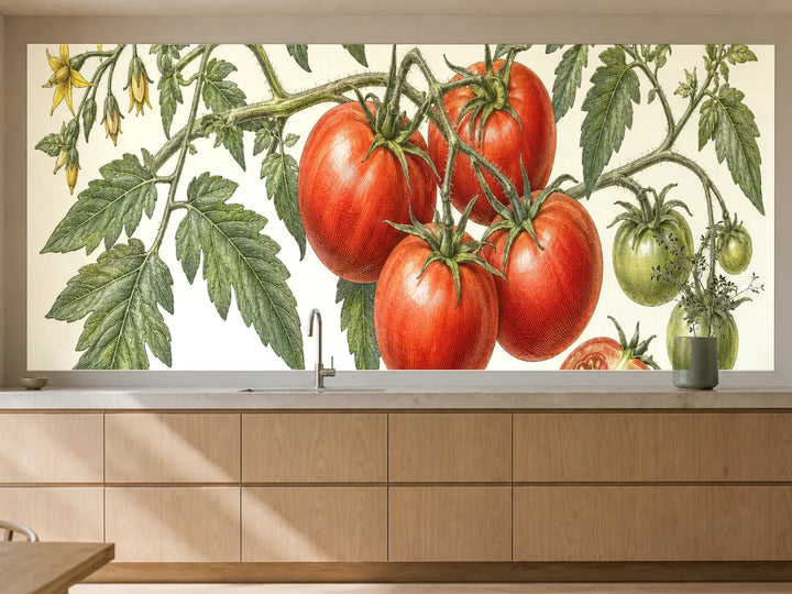 Küchenrückwand „Tomatenrispe mit Blüten – Botanischer Stich“ als installierte Rückwand in einer warmen Küche