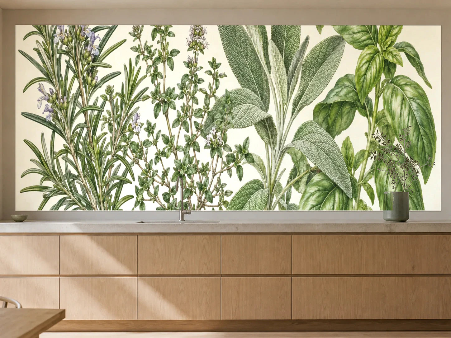 Küchenrückwand „Küchenkräuter in feinen Linien – Botanischer Stich“ als installierte Rückwand in einer warmen Küche