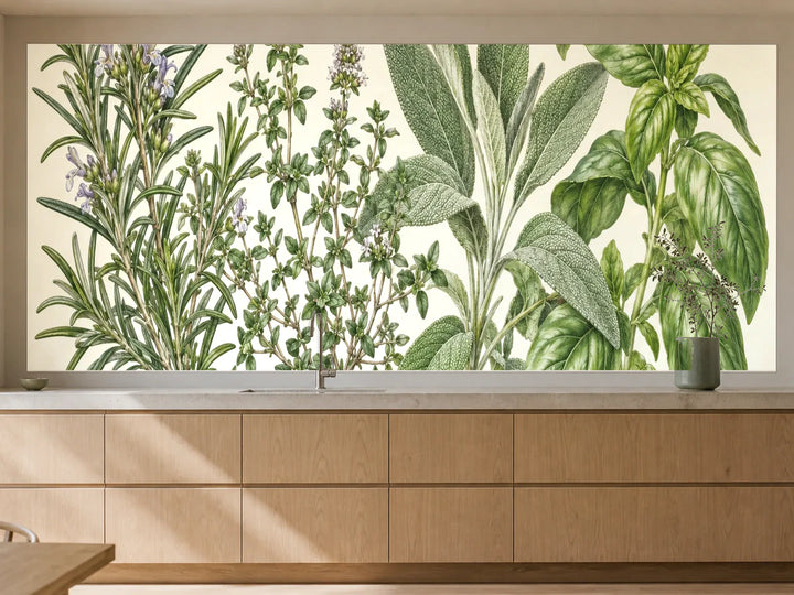 Küchenrückwand „Küchenkräuter in feinen Linien – Botanischer Stich“ als installierte Rückwand in einer warmen Küche