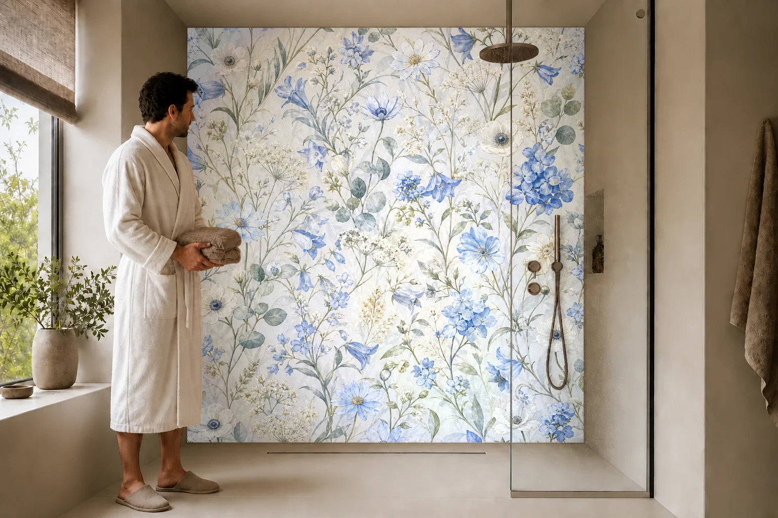 Duschrückwand „Blaue Blüte im Dunst“ in einer Dusche mit einem Mann im Bademantel