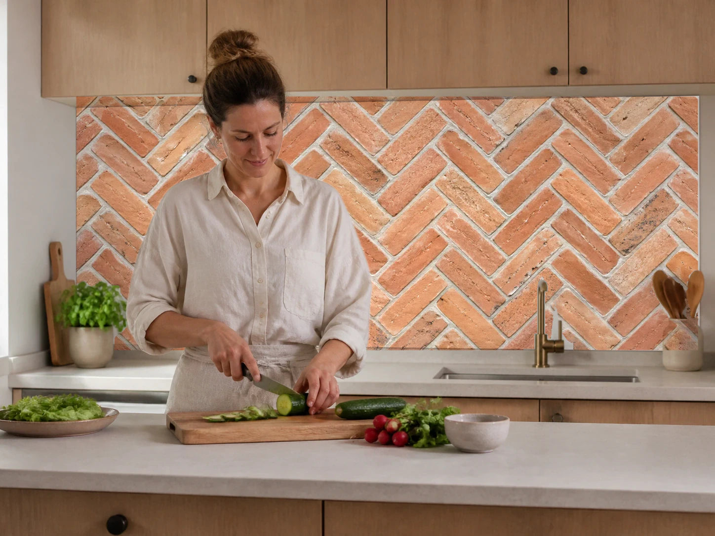 Küchenrückwand „Terrakottaziegel im Fischgrätverband“ beim Zubereiten von Gemüse in einer Küche