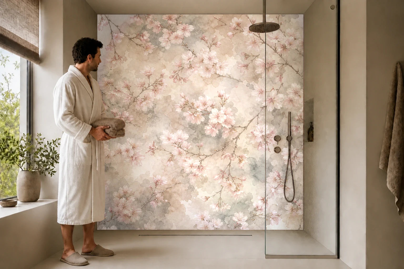 Duschrückwand „Sakurahauch im Morgennebel“ in einer Dusche mit einem Mann im Bademantel
