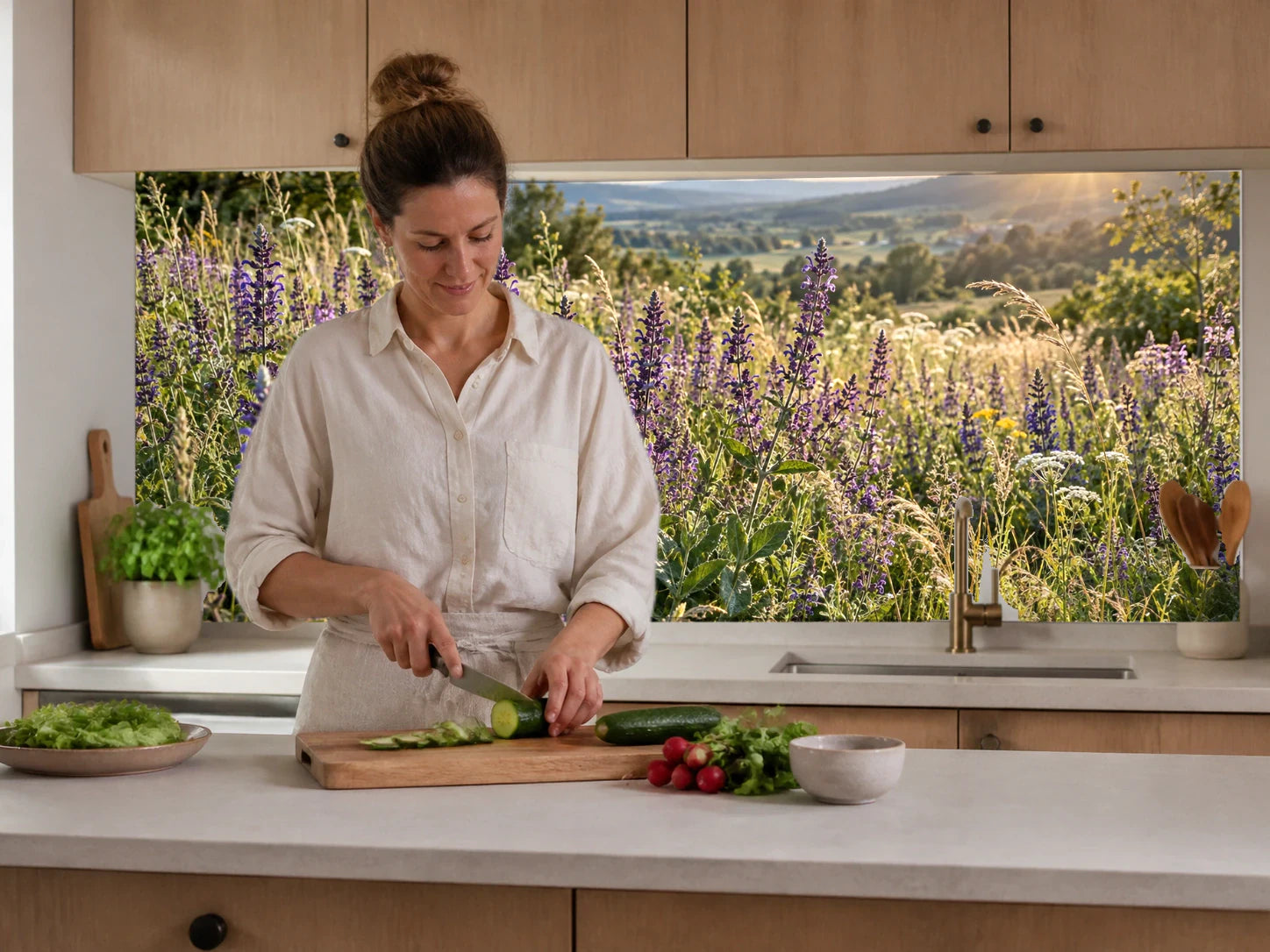 Küchenrückwand „Wiesensalbei mit violetten Blüten“ beim Zubereiten von Gemüse in einer Küche