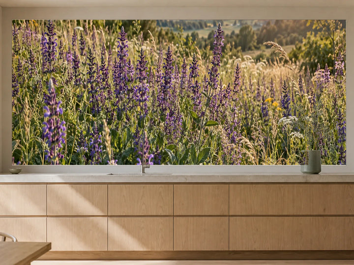 Küchenrückwand „Wiesensalbei mit violetten Blüten“ als installierte Rückwand in einer warmen Küche