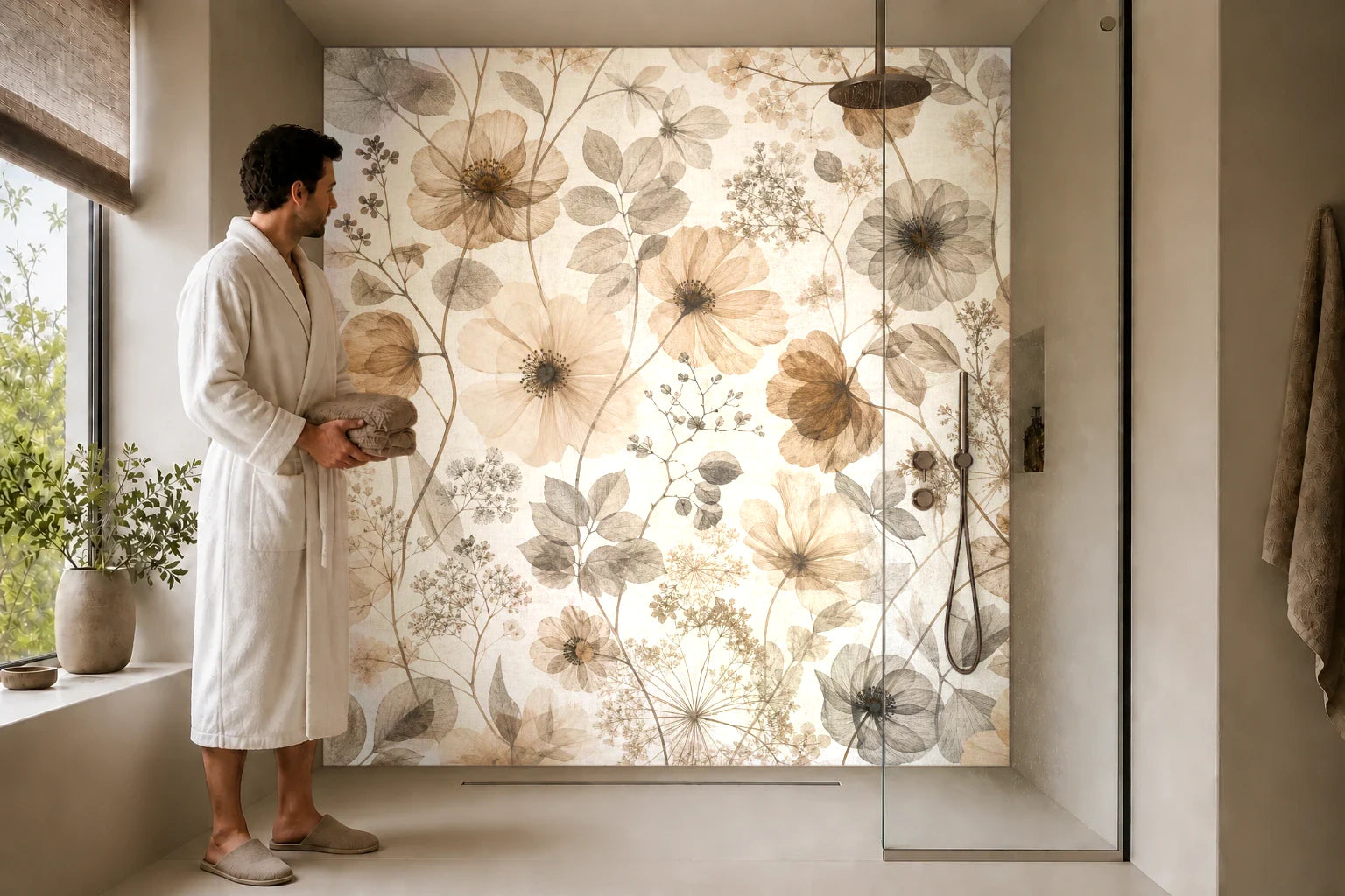 Duschrückwand „Schattenblüten auf Leinen“ in einer Dusche mit einem Mann im Bademantel