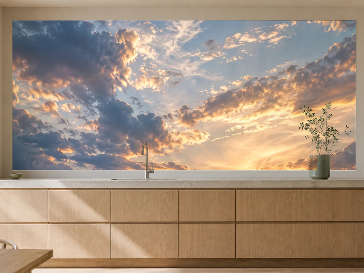 Küchenrückwand „Goldener Saum im Morgenblau“ als installierte Rückwand in einer warmen Küche