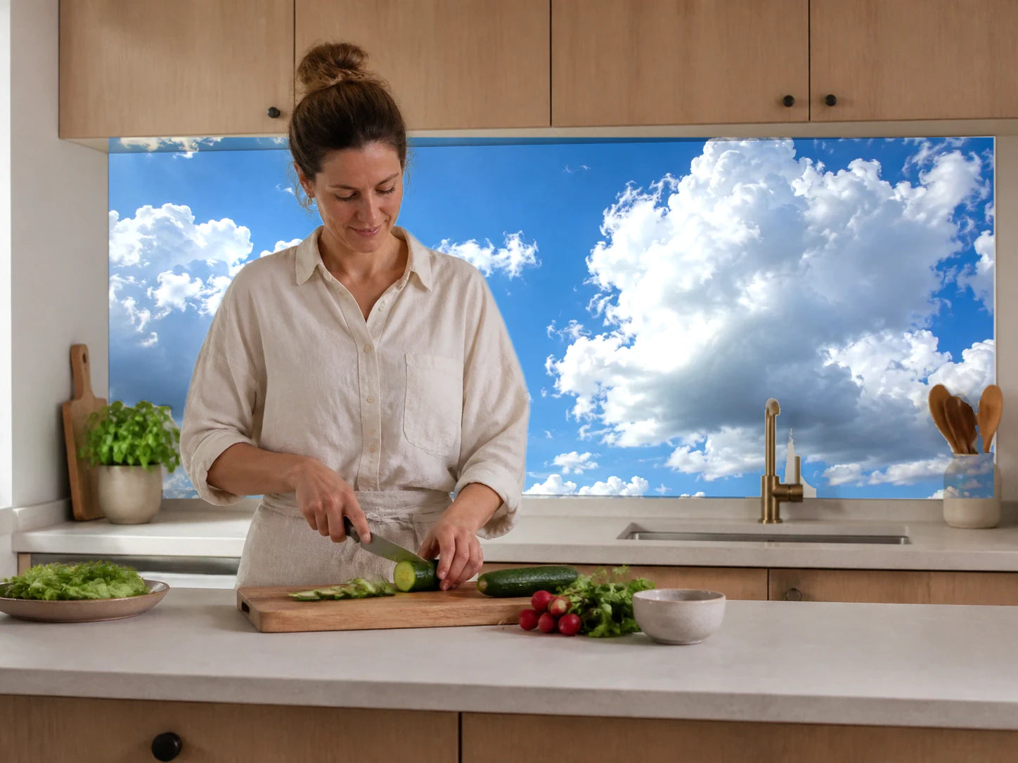 Küchenrückwand „Weiße Wolken in Sommerblau“ beim Zubereiten von Gemüse in einer Küche