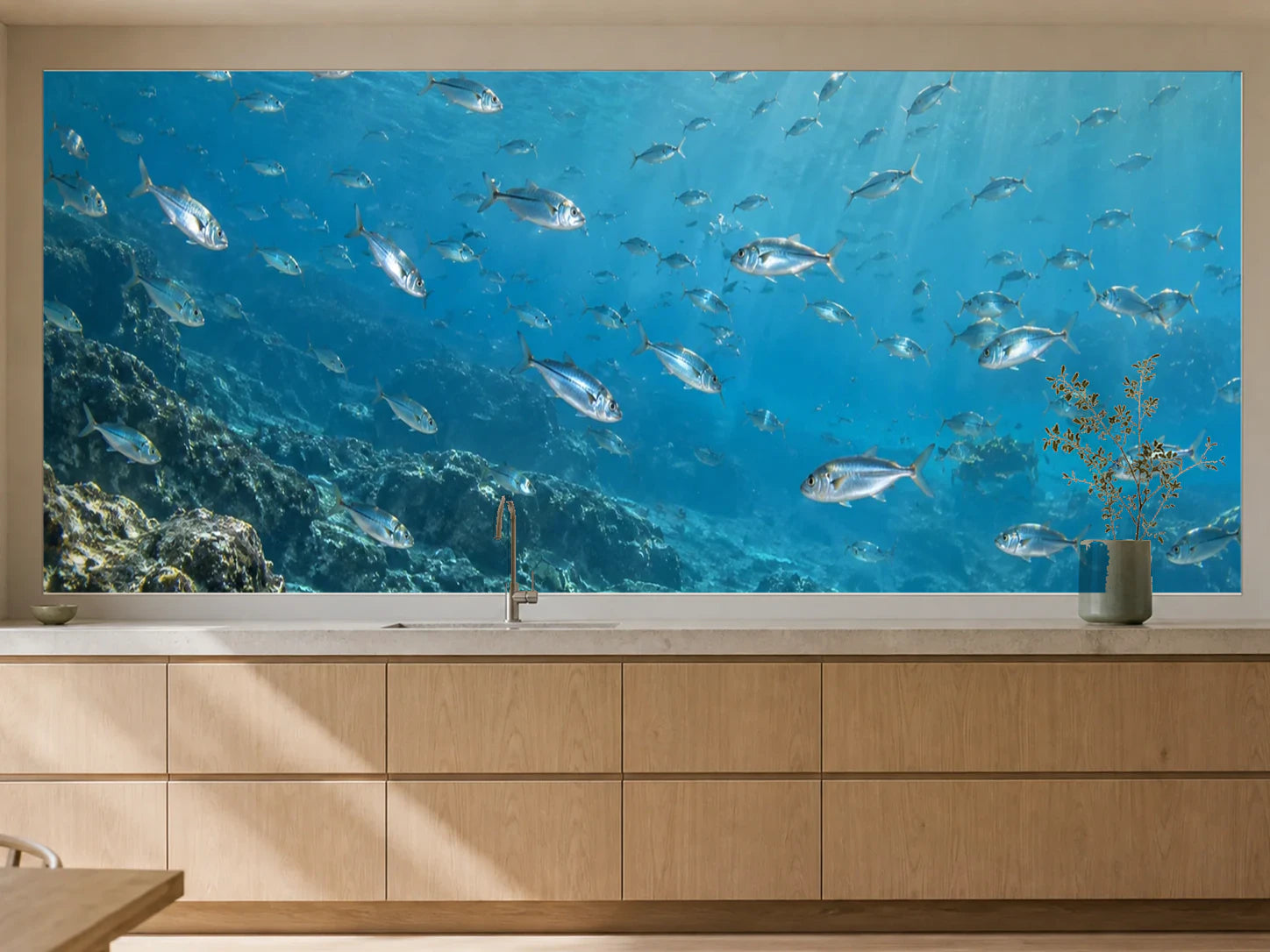 Küchenrückwand „Silbriger Fischschwarm im blauen Wasser“ als installierte Rückwand in einer warmen Küche