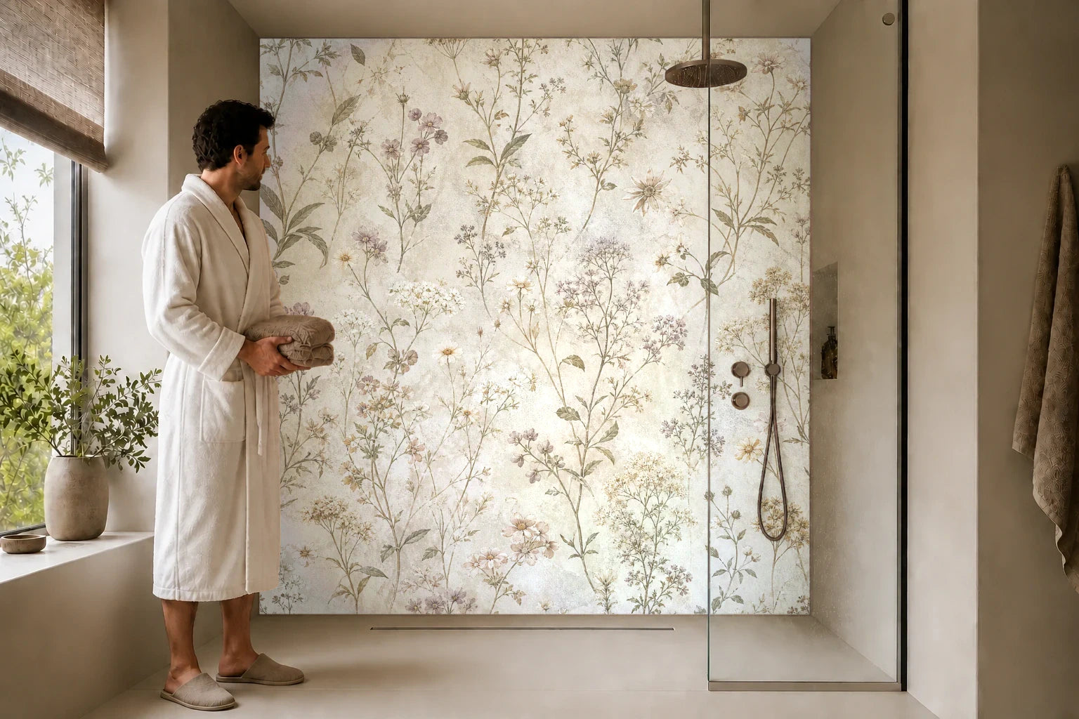 Duschrückwand „Blüten auf Kalkpatina“ in einer Dusche mit einem Mann im Bademantel