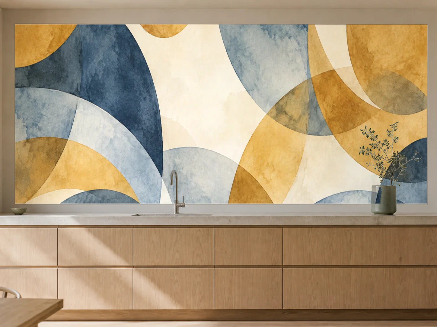 Küchenrückwand „Aquarellkreise in Ocker und Blau“ als installierte Rückwand in einer warmen Küche