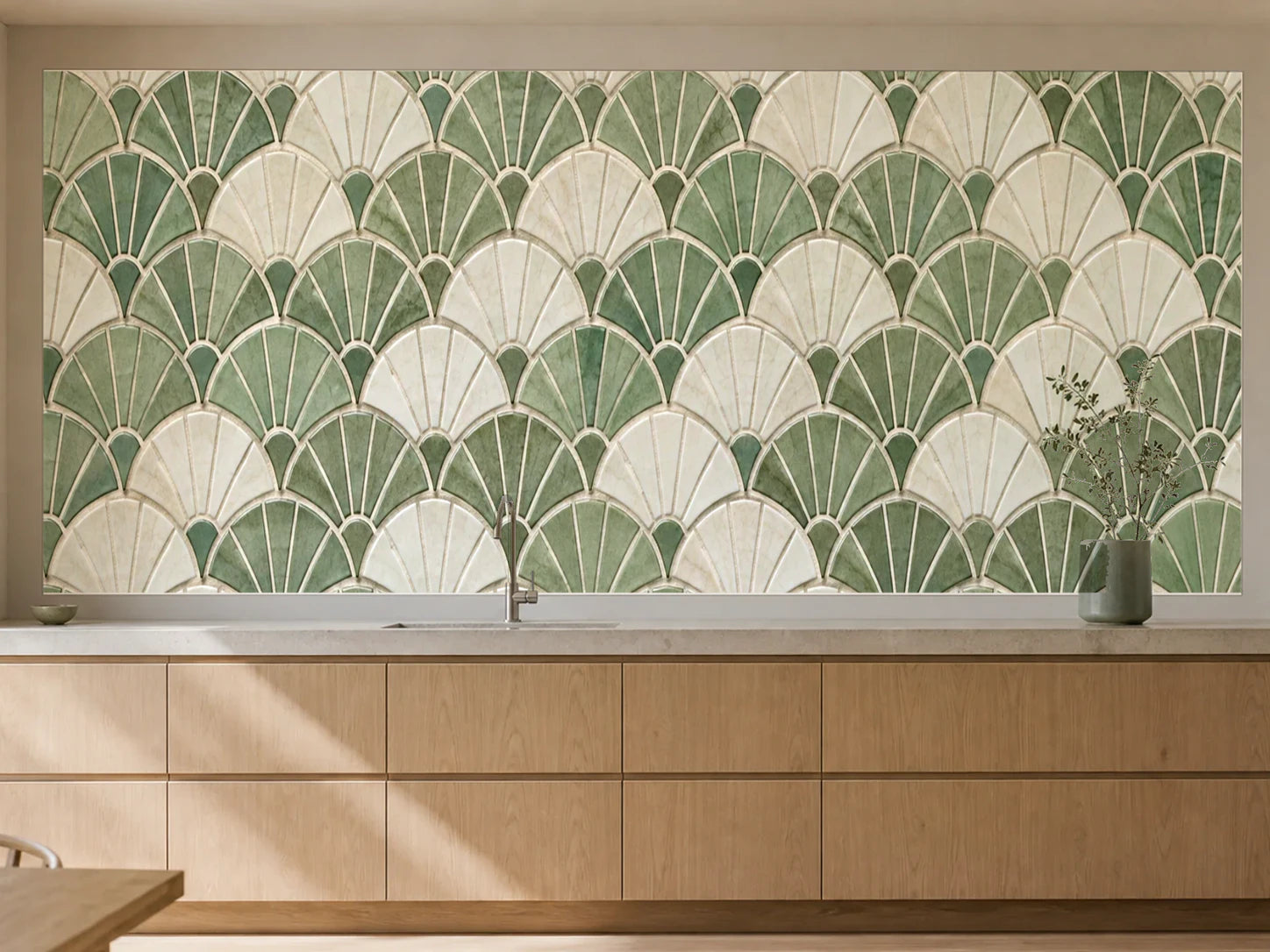 Küchenrückwand „Mosaikfächer in Grün und Creme“ als installierte Rückwand in einer warmen Küche