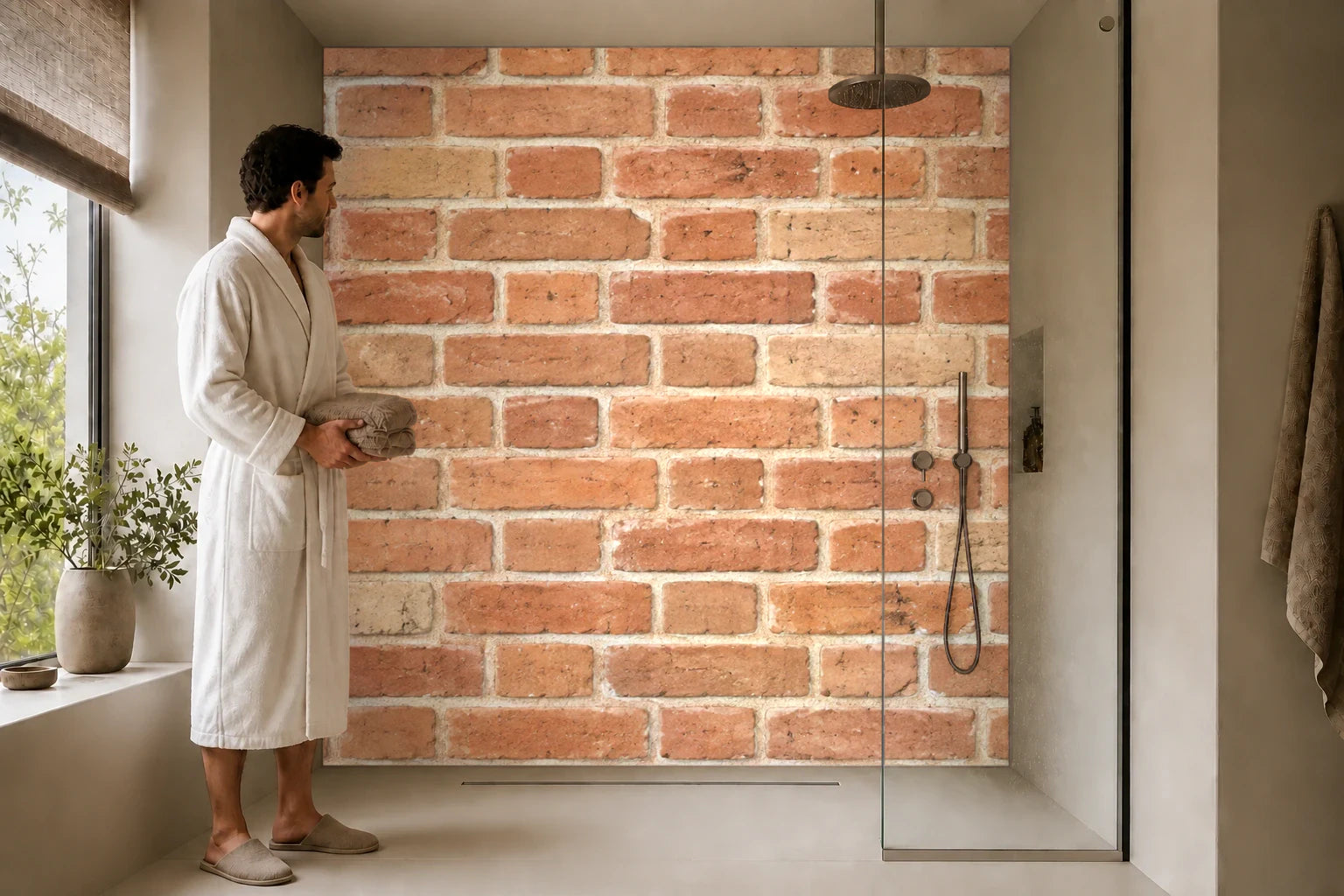 Duschrückwand „Handstrichziegel in Apricot“ in einer Dusche mit einem Mann im Bademantel