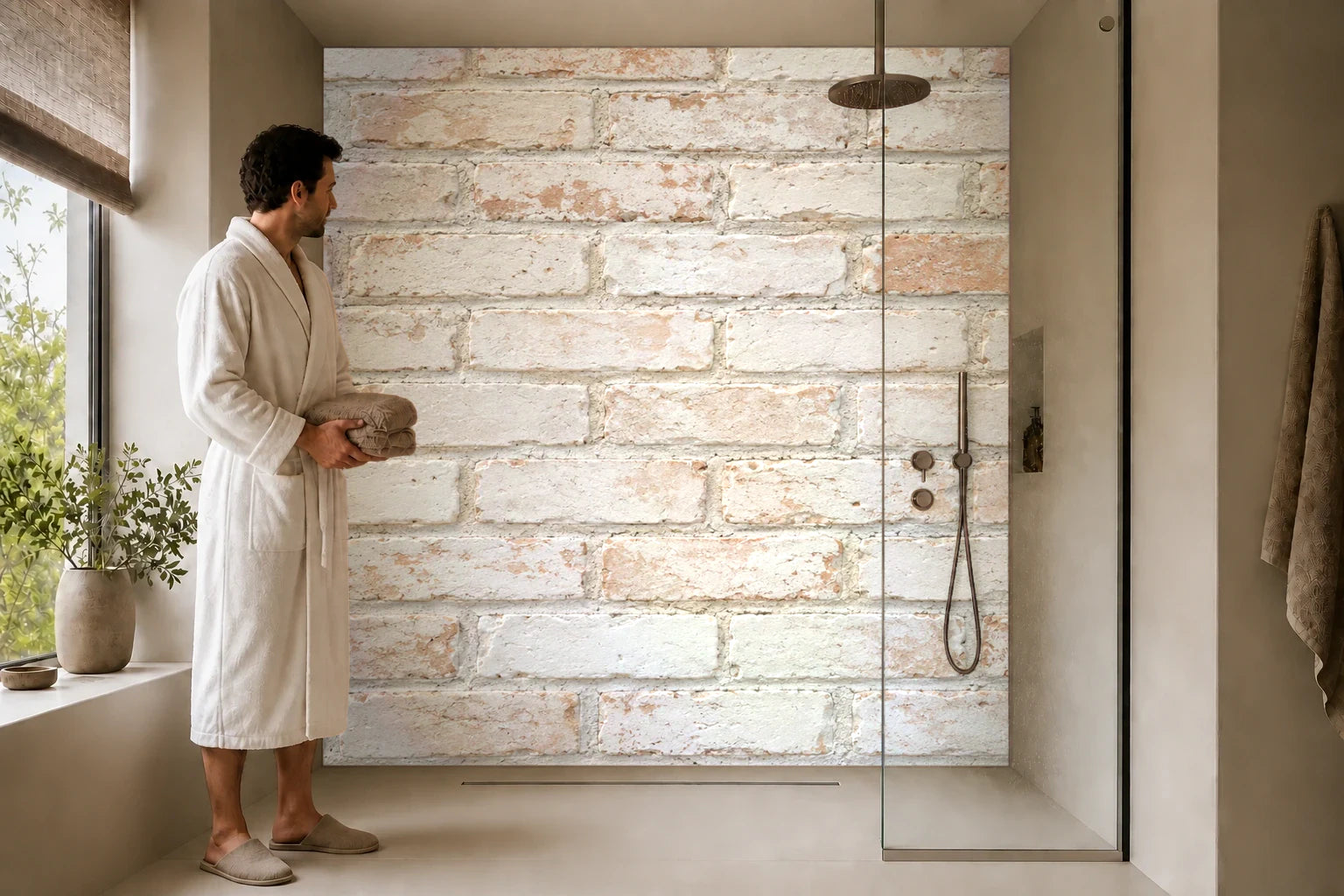Duschrückwand „Heller Ziegel mit Kalkschlamm“ in einer Dusche mit einem Mann im Bademantel