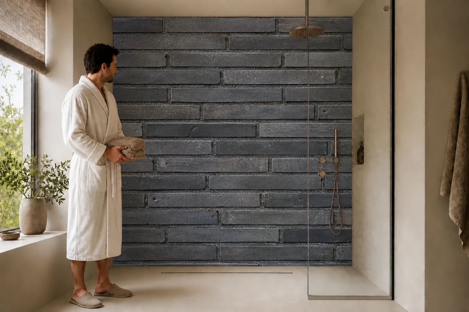 Duschrückwand „Kohlefarbener Langformatklinker“ in einer Dusche mit einem Mann im Bademantel
