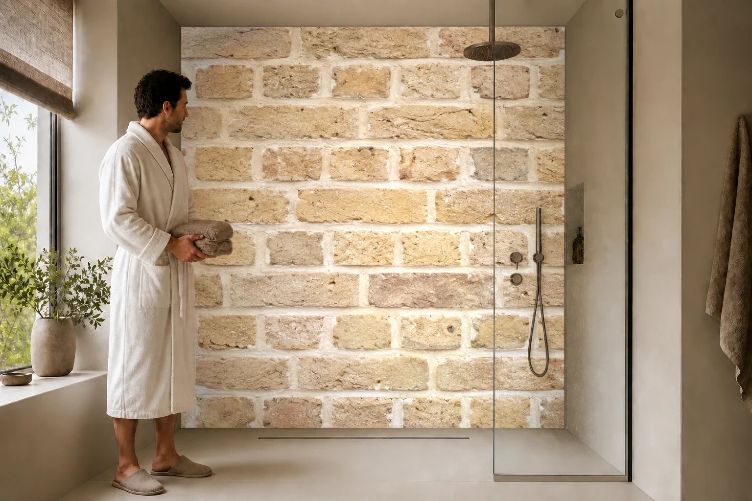 Duschrückwand „Sandfarbener Handformziegel“ in einer Dusche mit einem Mann im Bademantel