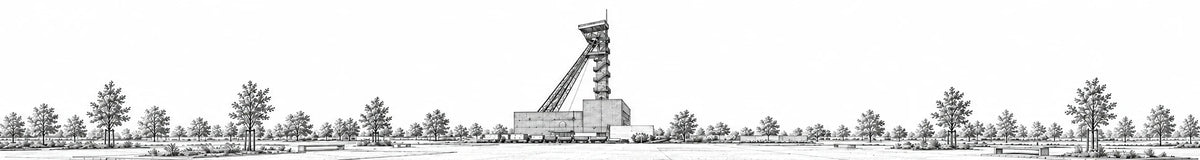Förderturm Schacht 3 in Hückelhoven mit Backsteinbauten, Grubenwagen und offenem Vorplatz.