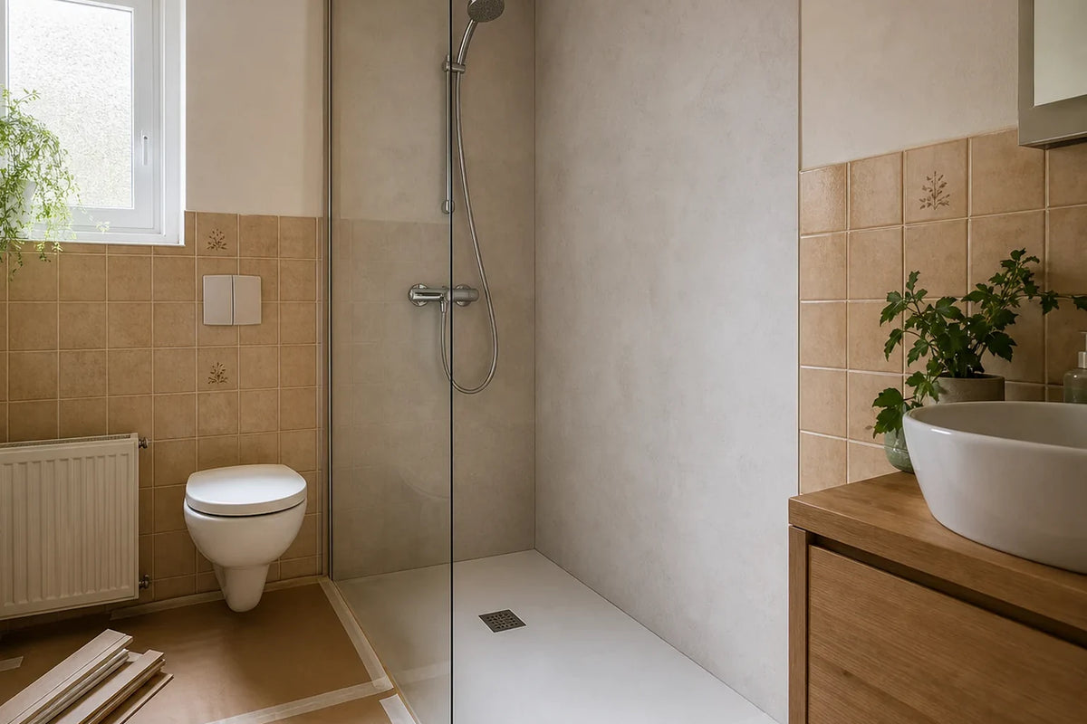 Teilrenoviertes Bad mit erhaltenen Wandfliesen und neuer Rückwand in der Dusche